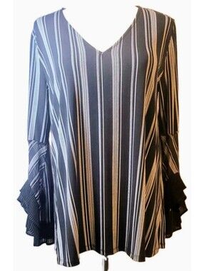 Alfani Women's Blouse Size S Black Pullover V Neck Pleated Bell Tier Sleeve Cuff